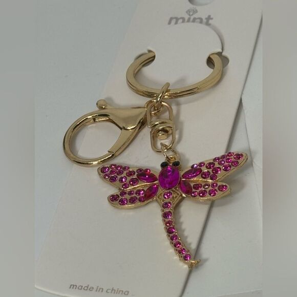 BAG CHARM Pink Crystal Dragonfly Keychain Charm -  Gold Accent - Picture 5 of 5